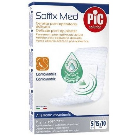 Cerotto Pic Soffix Medicato In Tnt Con Tampone Centrale Assorbente Sterile Monouso 10x15 Cm Antibatterico 5 Pezzi