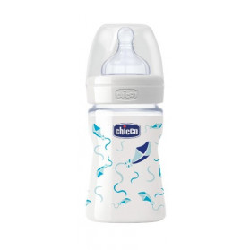 Chicco Biberon Well Being In Vetro Decorato Boy Da 150 ml Normal Silicone